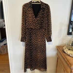 70s Vintage Inspired Leopard Animal Print Dress with Sheer Sleeve Size M